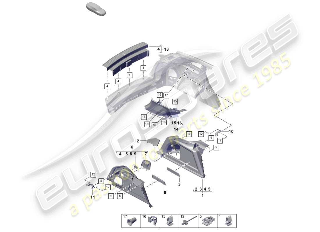 porsche 2025 (cayenne e3 pa) schema delle parti del rivestimento del montante d laterale del rivestimento del vano bagagli