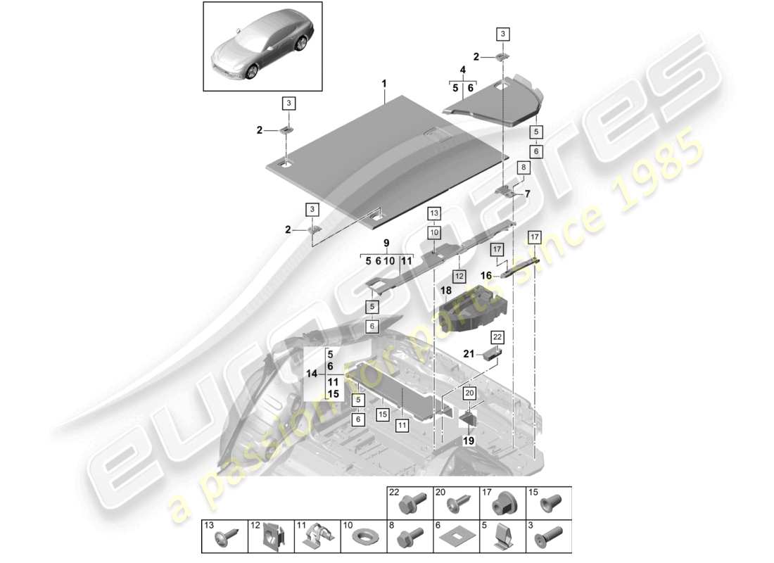 porsche 2021 (panamera 971-1) schema delle parti delle piastre del pavimento del bagagliaio