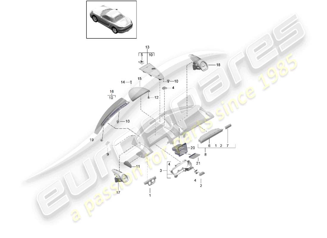 porsche 2025 (718 boxster) accessori rivestimento del pannello strumenti parte superiore schema delle parti