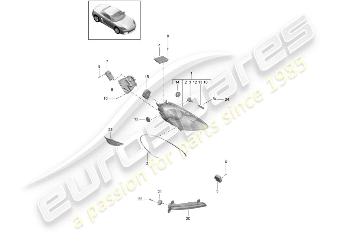 porsche 2024 (718 boxster) fari anteriori faro supplementare indicatore di direzione luce di posizione laterale ripetitore di direzione schema delle parti