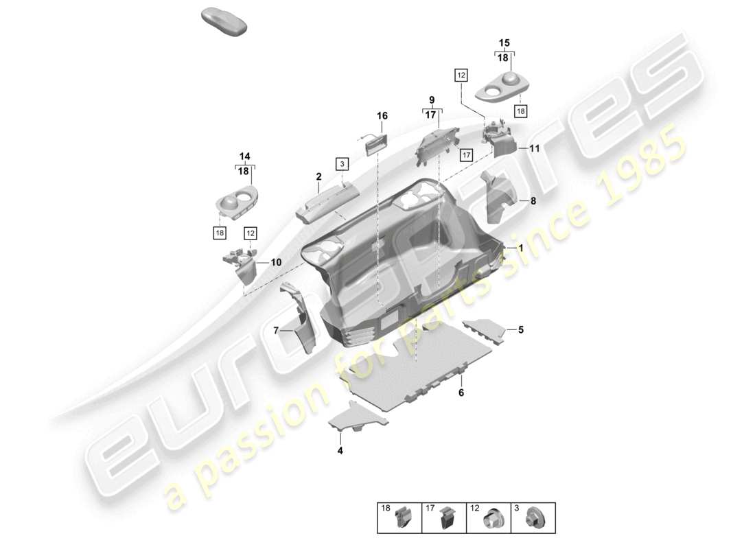 porsche 2021 (718 boxster spyder) schema delle parti del rivestimento del vano bagagli posteriore