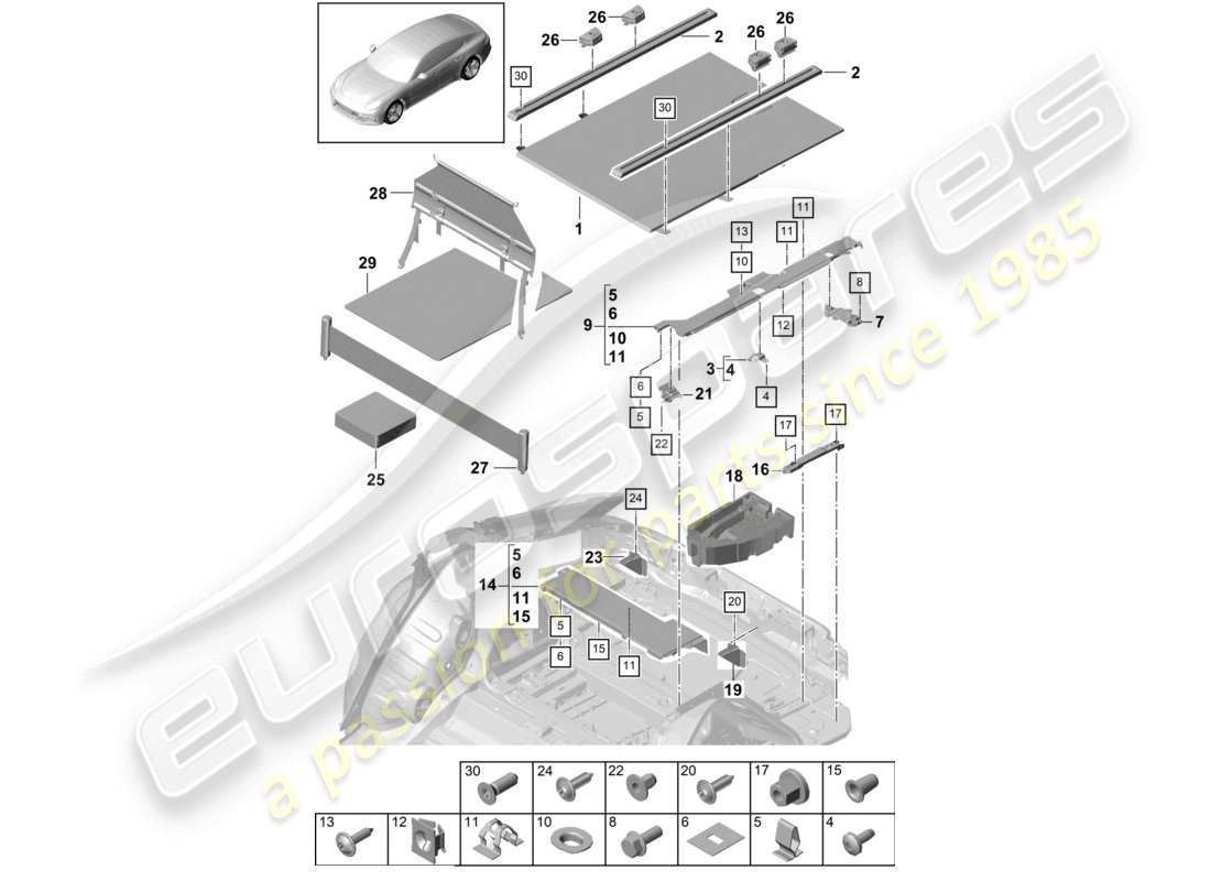 porsche 2021 (panamera 971-1) rivestimenti del bagagliaio piastre del pavimento elementi di fissaggio del carico d - mj 2018>> schema delle parti