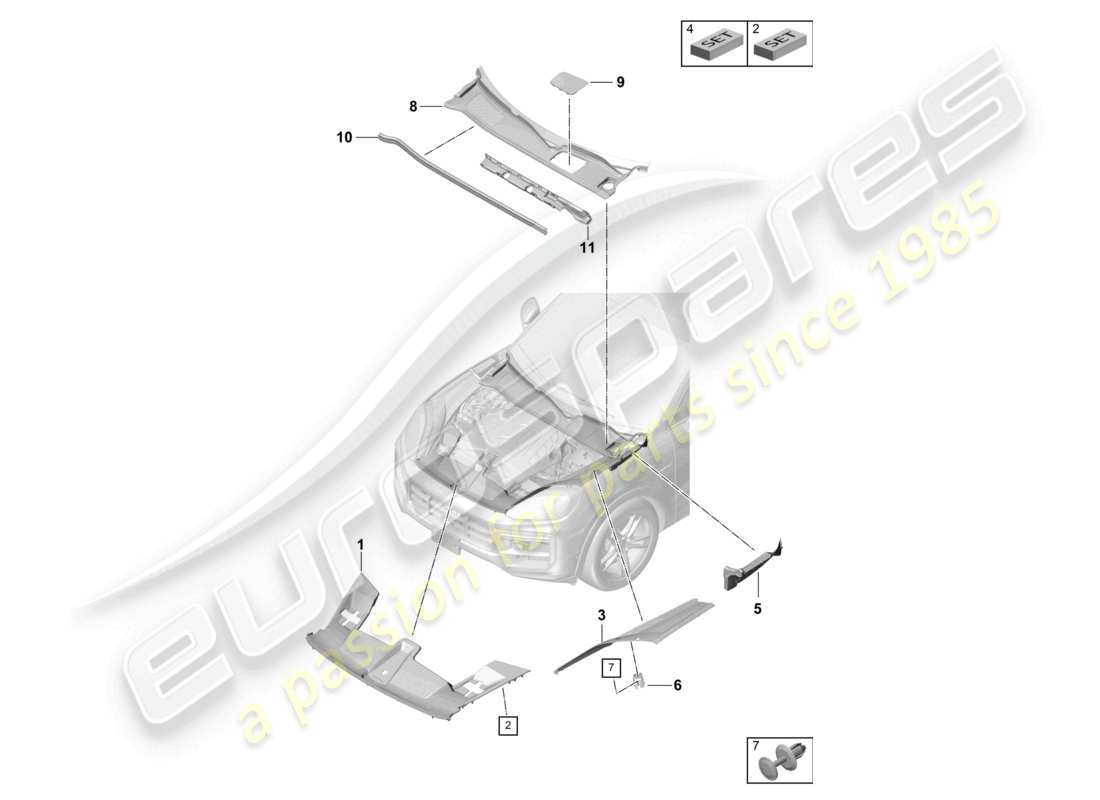 porsche 2025 (cayenne e3 pa) pannello di copertura vano motore parte anteriore diagramma delle parti