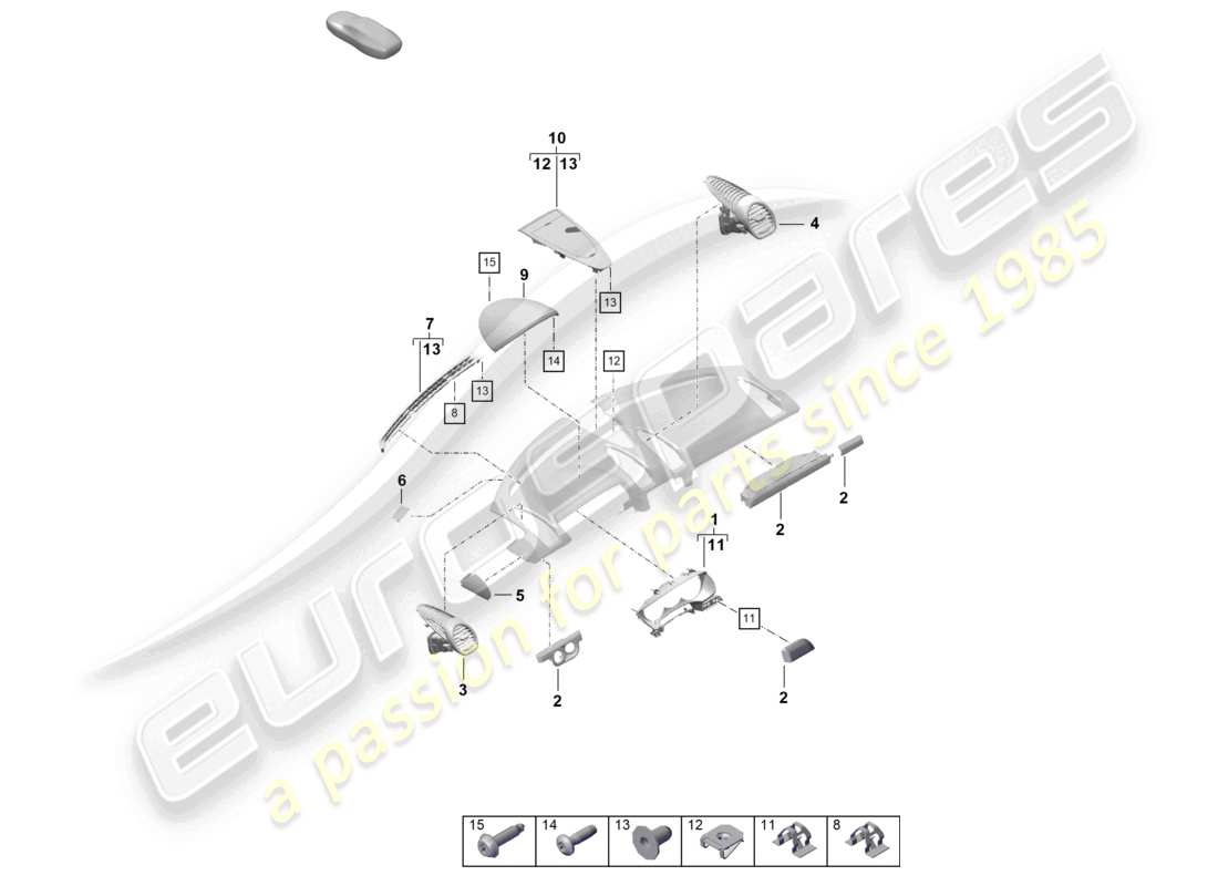 porsche 2021 (718 cayman gt4) accessori rivestimento del pannello strumenti parte superiore schema delle parti
