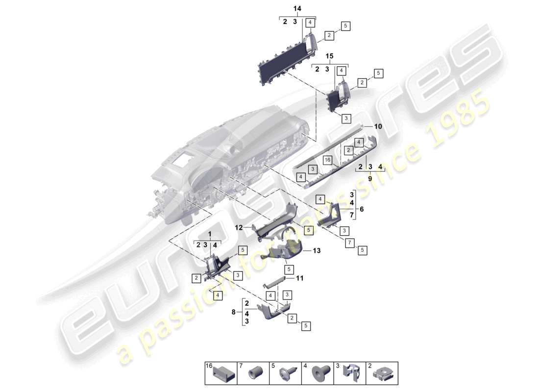 porsche 2023 (cayenne e3 pa) schema delle parti degli accessori anteriori del rivestimento del pannello strumenti