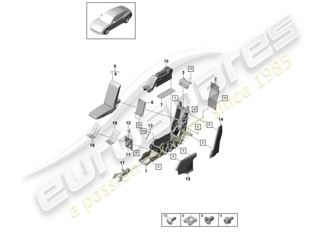 porsche 2021 (panamera 971-1) consolle centrale posteriore business diagramma delle parti