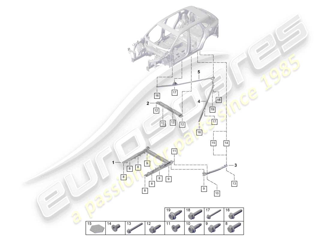 porsche 2025 (cayenne e3 pa) schema delle parti del sottoscocca posteriore del montante a cupola