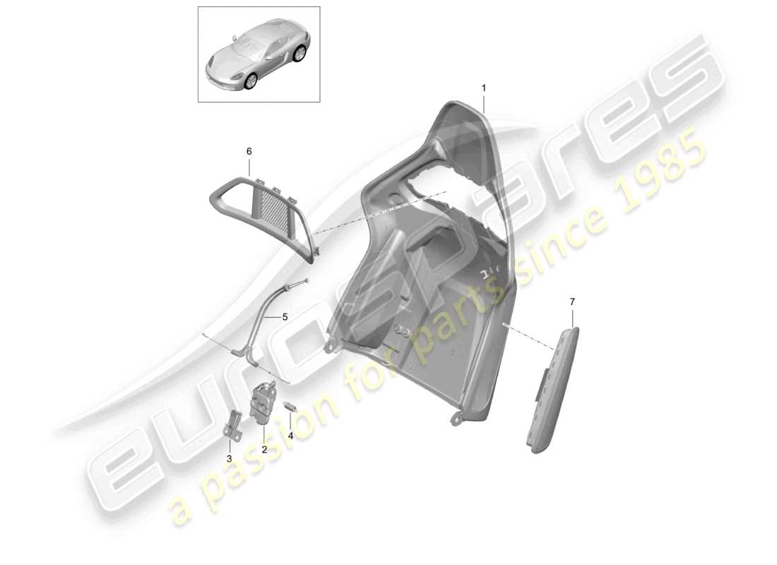 porsche 2025 (718 cayman) schema delle parti degli accessori pieghevoli del sedile a guscio dello schienale