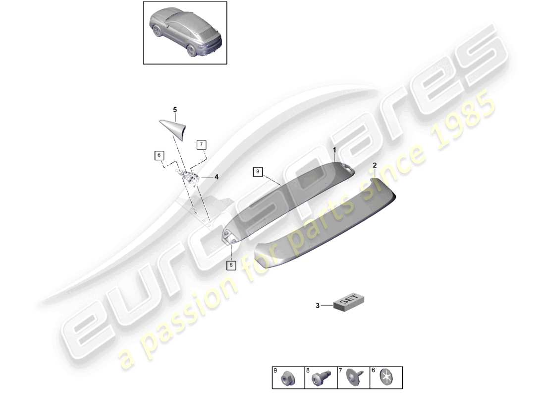 porsche 2023 (cayenne e3 pa) spoiler sul bordo del tetto coupé diagramma delle parti