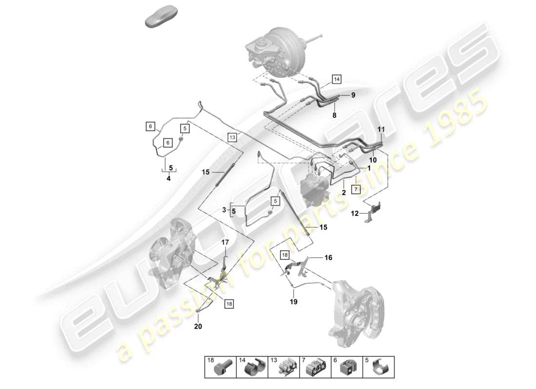 porsche 2021 (718 cayman gt4) linea freno anteriore parte anteriore diagramma delle parti