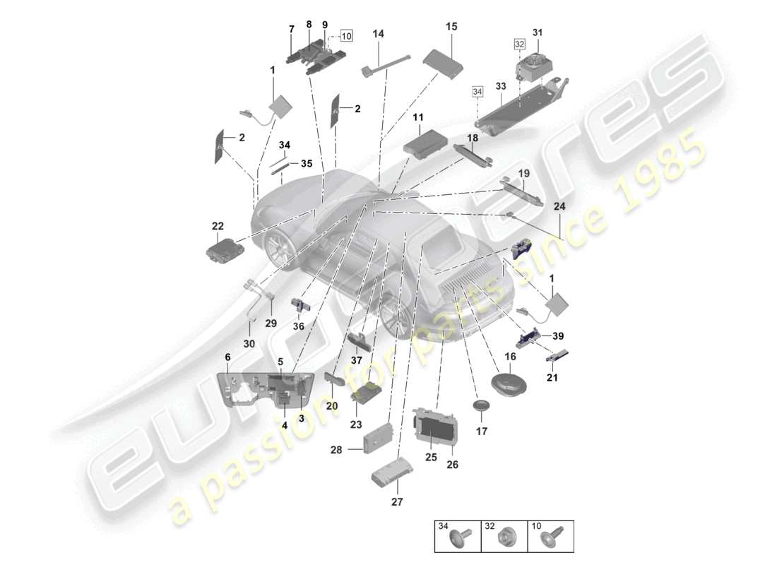 porsche 2020 (992-1 turbo / s) antenna amplificatore antenna lettore di chip card per sistema di pedaggio stradale collegamento per usb e aux-in schema dei componenti