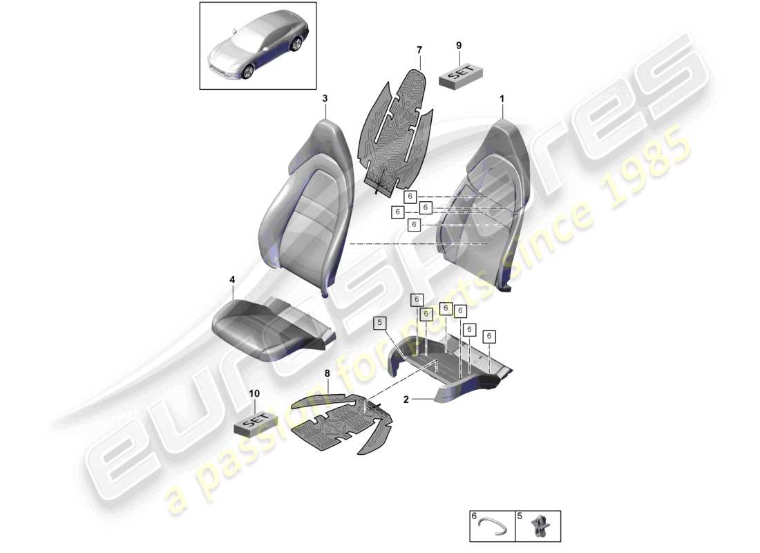 porsche 2021 (panamera 971-1) coprisedili in schiuma schema standard dei componenti del sedile