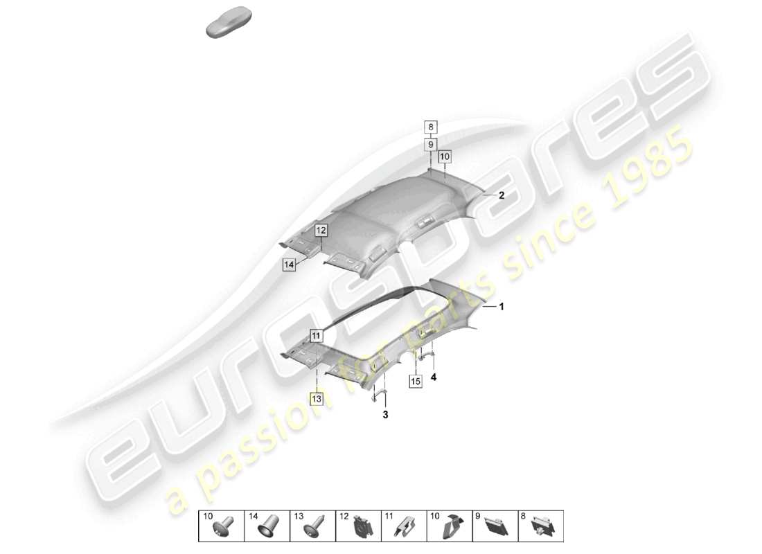 porsche 2026 (taycan 9j1-2) rivestimento del tetto rivestimento del padiglione stampato diagramma delle parti
