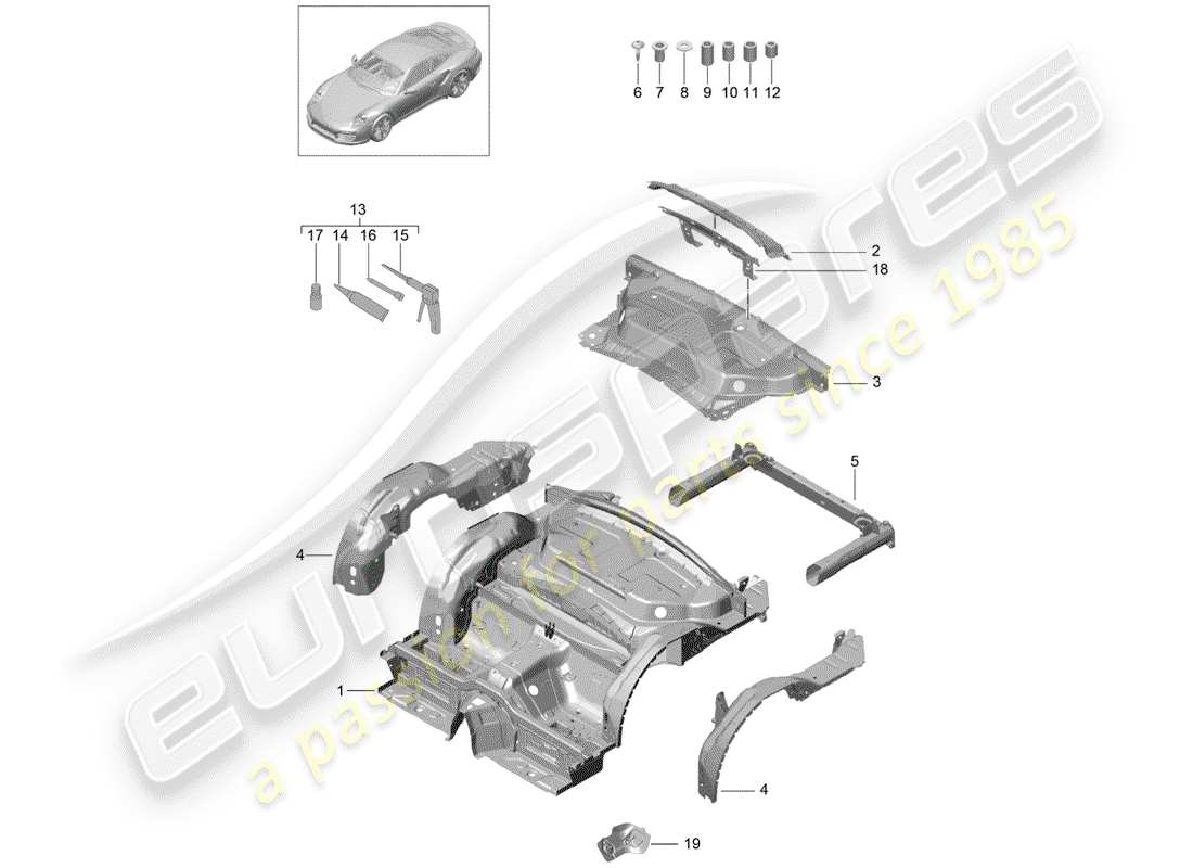 porsche 991 turbo (2018) schema delle parti estremità posteriore