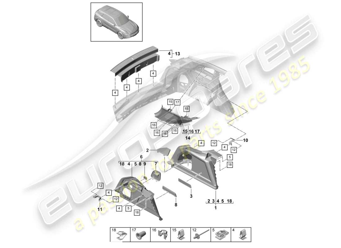 porsche 2023 (cayenne e3 9ya/9yb) schema delle parti del rivestimento del montante d laterale del rivestimento del vano bagagli