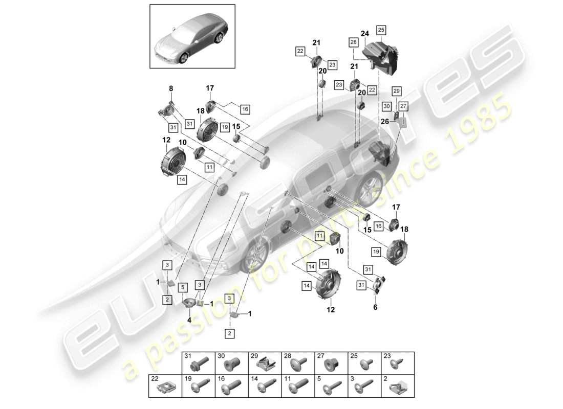 porsche 2024 (panamera 971-2) altoparlante schema delle parti