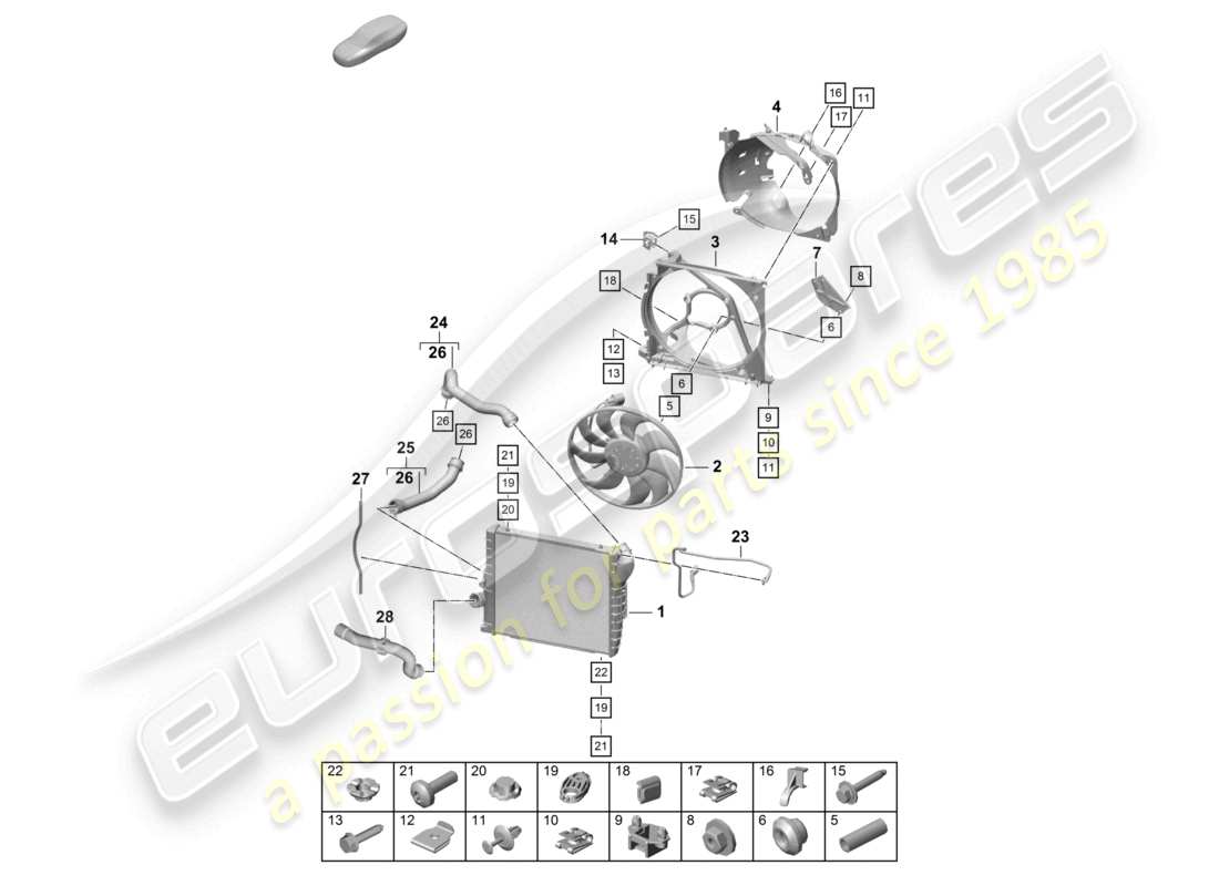 porsche 2021 (718 cayman gt4) raffreddatore per il liquido di raffreddamento anteriore ventola del radiatore diagramma delle parti