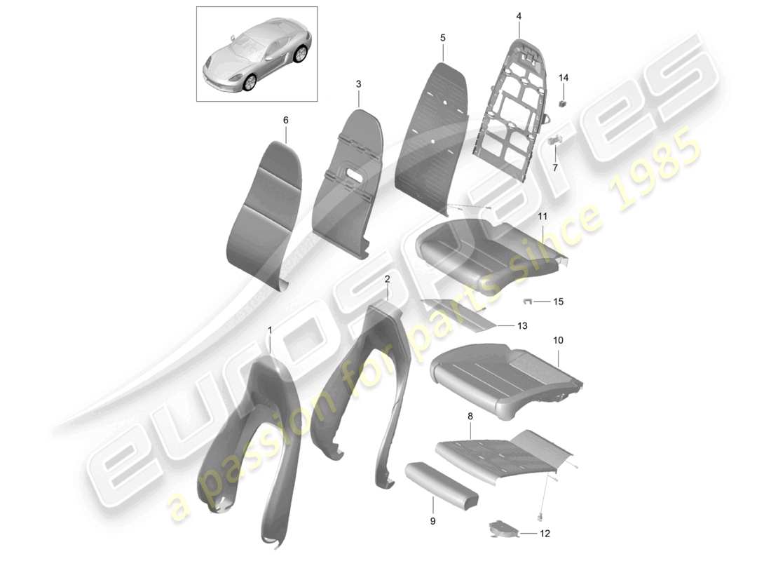porsche 2024 (718 cayman) coprisedili in schiuma per schienale, coprisedili per sedili sportivi, diagramma delle parti