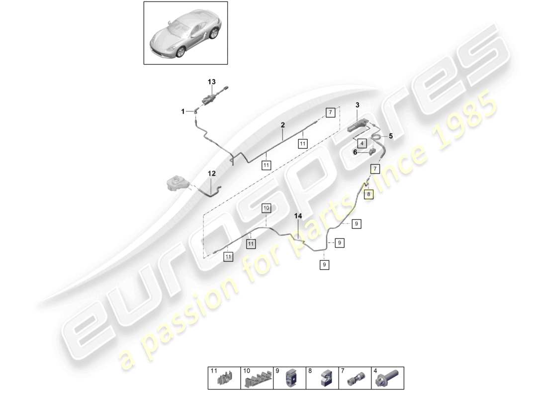 porsche 2022 (718 cayman) azionamento del giunto idraulico cilindro principale della frizione cilindro secondario della frizione diagramma delle parti del tubo flessibile