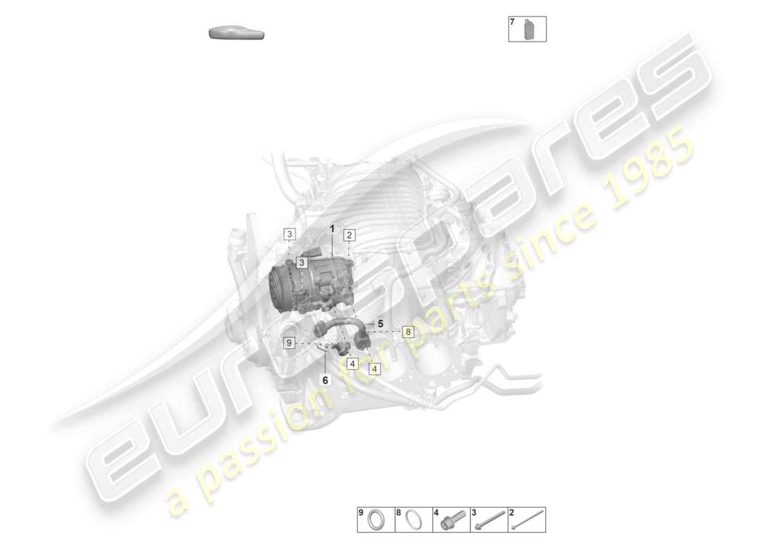 porsche 2022 (992-1 gt3/rs/st) diagramma delle parti del refrigerante del compressore a/c r1234yf
