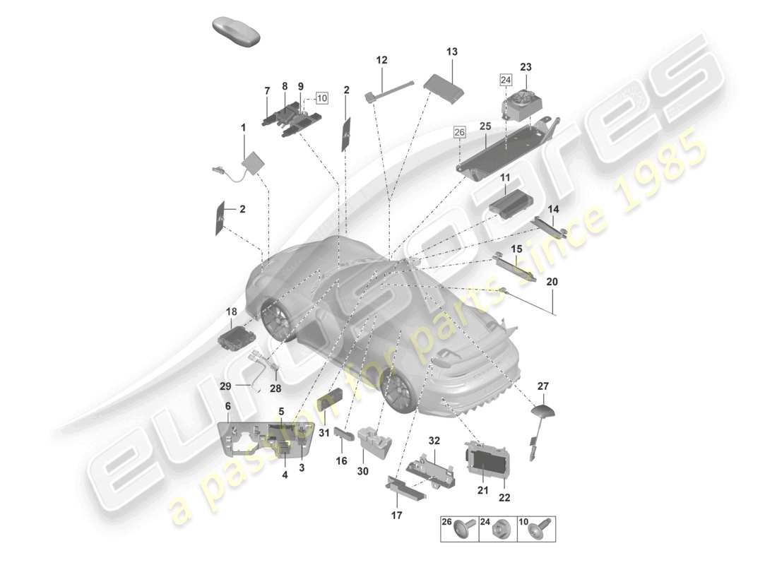porsche 2025 (992-2 gt3/rs/st) antenna amplificatore antenna altoparlante per chiamata di emergenza lettore di chip card per sistema di pedaggio stradale collegamento per usb e aux-in schema dei componenti