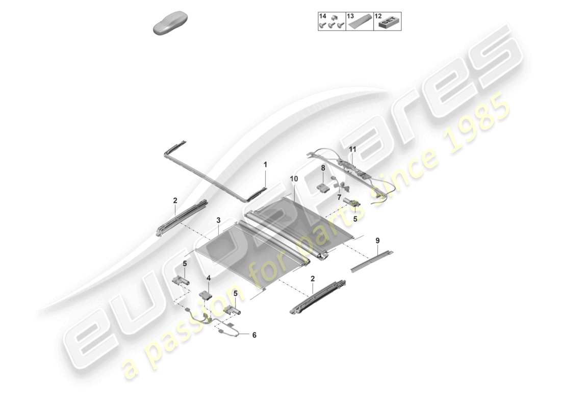 porsche 2026 (panamera 976) schema delle parti degli accessori del tetto scorrevole in vetro
