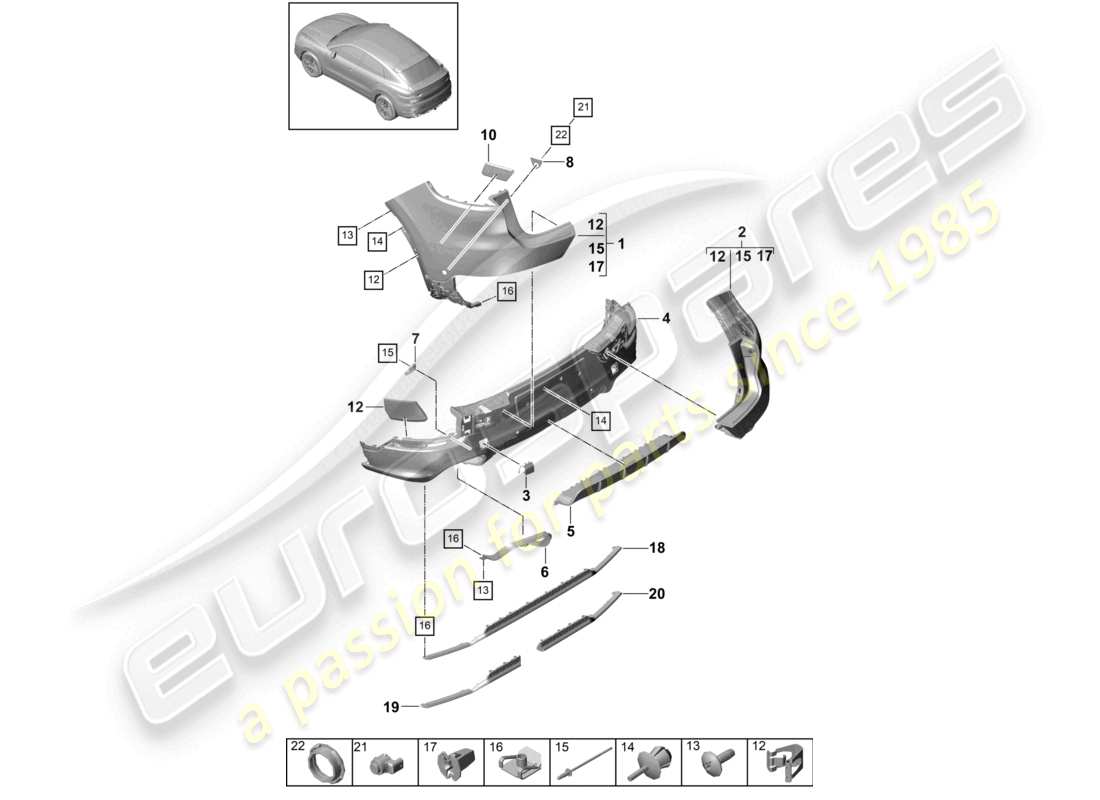 porsche 2022 (cayenne e3 9ya/9yb) paraurti posteriore pacchetto coupe sport design (versione carbonio) diagramma delle parti