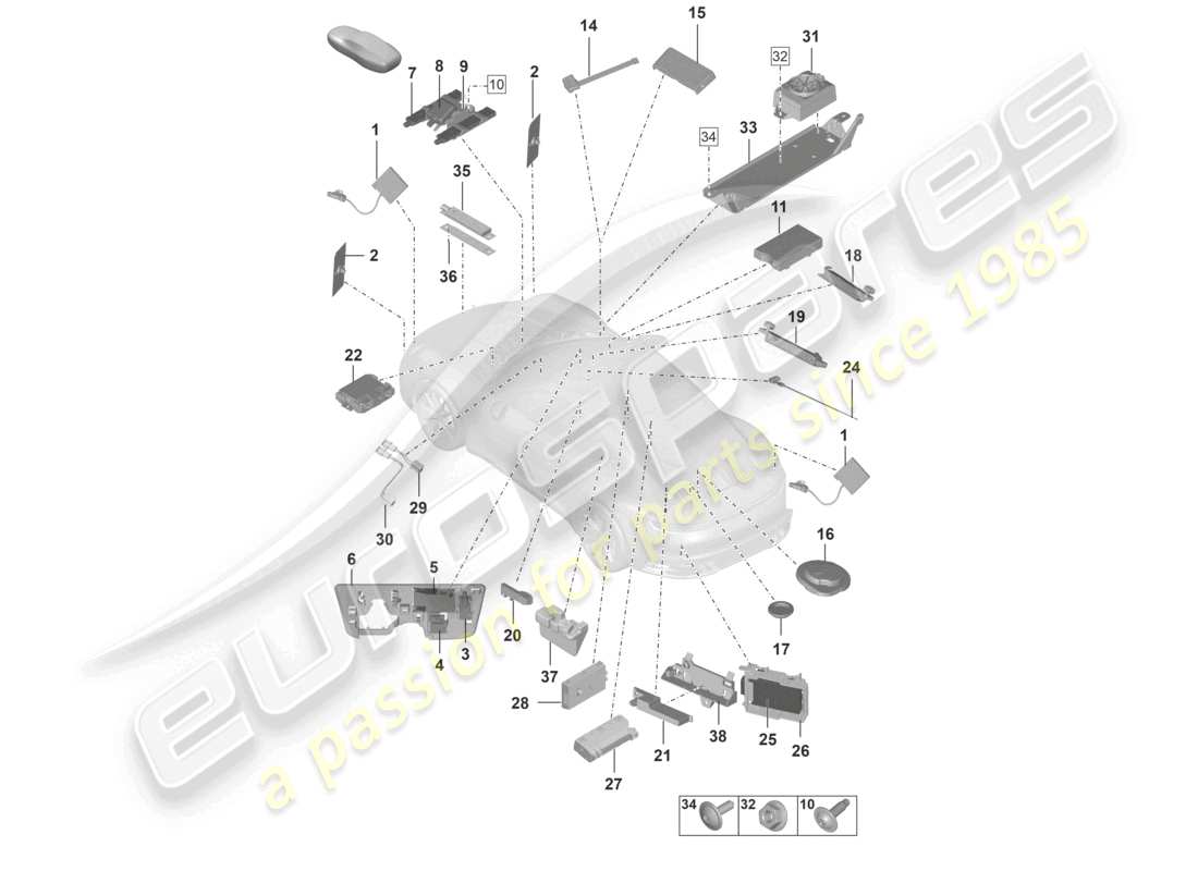 porsche 2023 (992-1) antenna amplificatore antenna altoparlante per chiamata di emergenza lettore di chip card per sistema di pedaggio stradale collegamento per usb e aux-in schema dei componenti