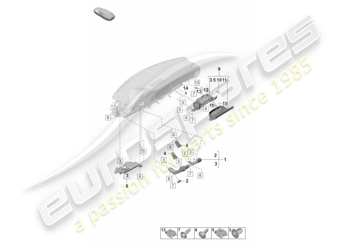 porsche 2024 (panamera 971-2) diagramma delle parti inferiori del fissaggio del pannello del cruscotto