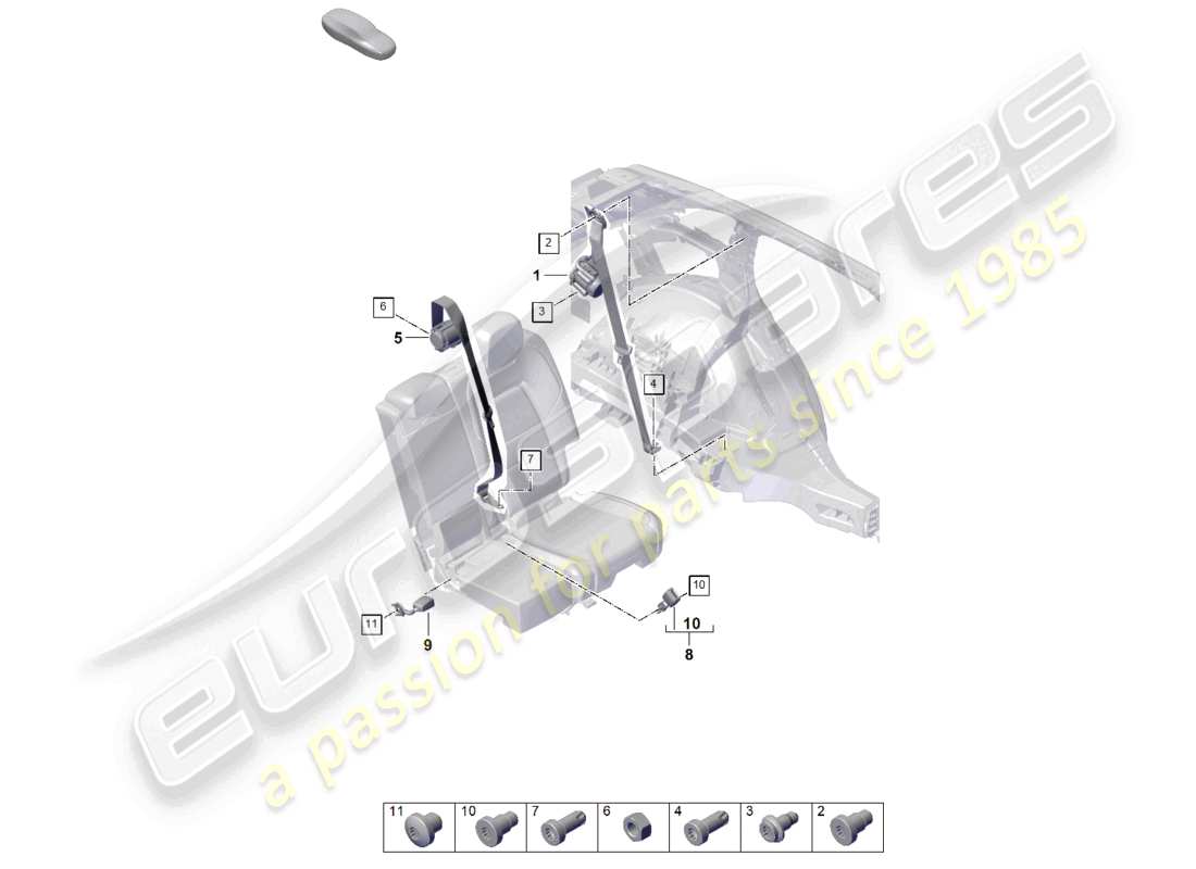 porsche 2026 (cayenne e3 pa) cintura di sicurezza a tre punti posteriore chiusura della cintura diagramma delle parti