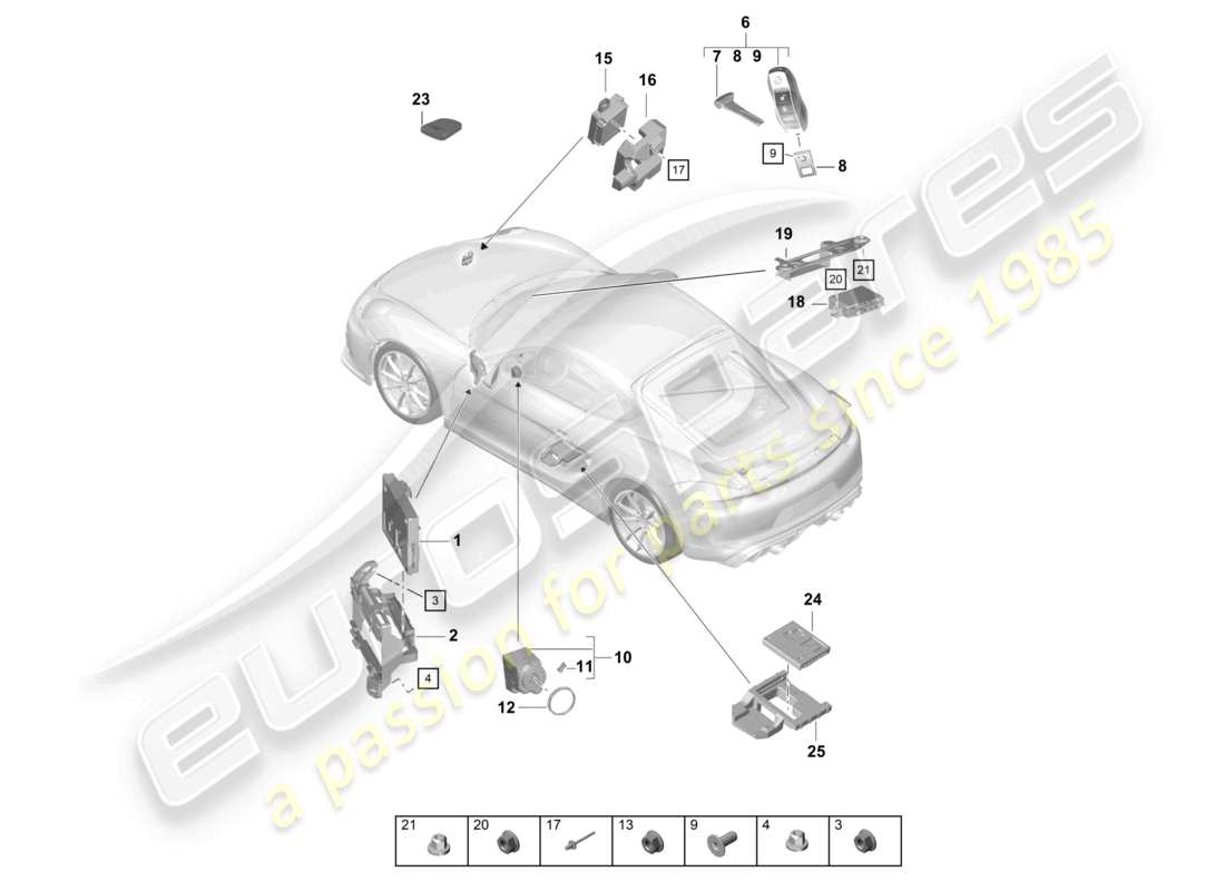 porsche 2021 (718 cayman gt4) unità di controllo parte anteriore parte posteriore trasmettitore portatile interruttore di accensione/avviamento antenna diagramma delle parti
