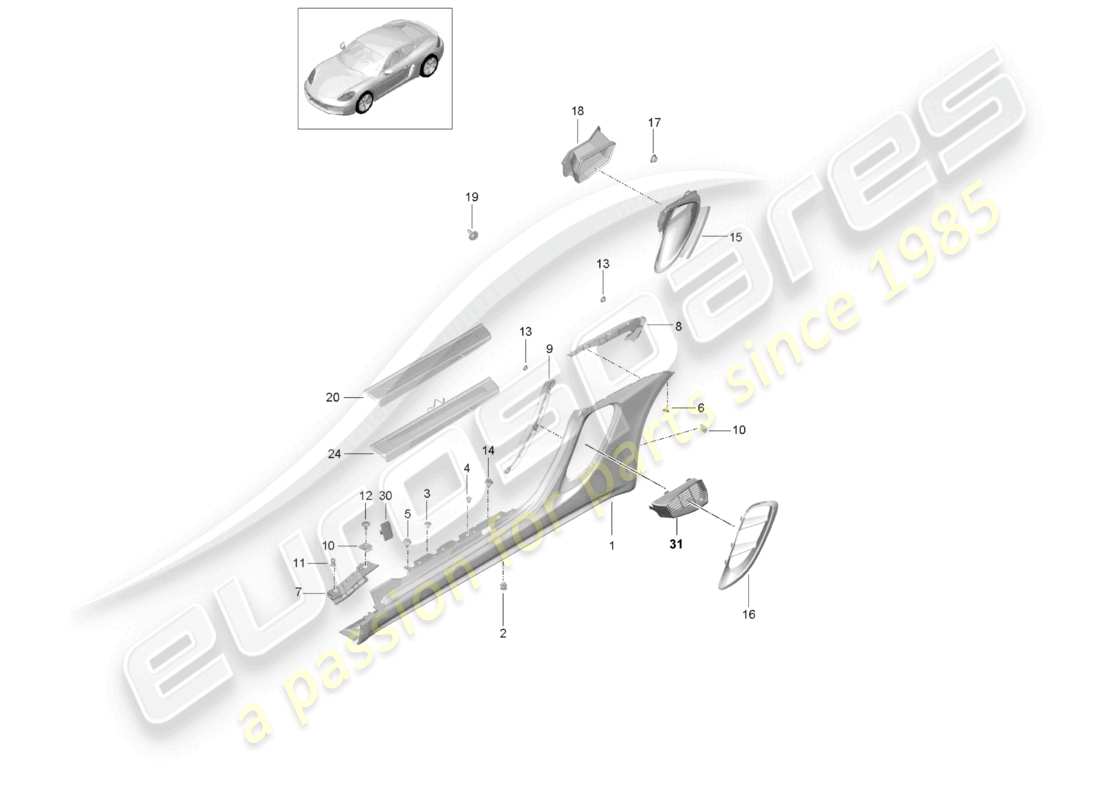 porsche 2021 (718 cayman) schema delle parti del vano motore del rivestimento del longherone e della guida dell'aria