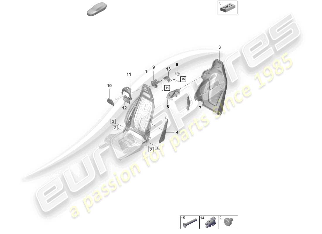 porsche 2020 (taycan 9j1-1) schema delle parti del telaio dello schienale del sedile sportivo