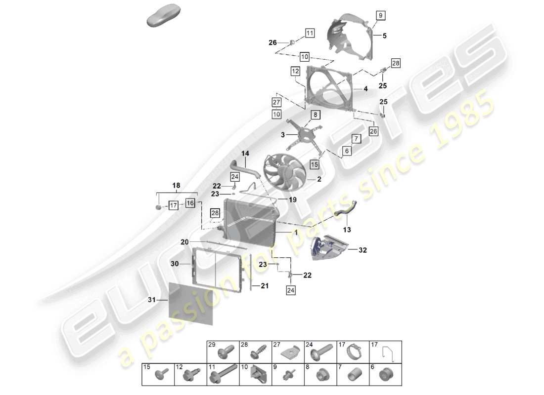 porsche 2024 (992-2) raffreddatore per il liquido di raffreddamento anteriore ventola del radiatore diagramma delle parti