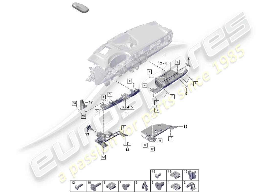 porsche 2026 (cayenne e3 pa) rivestimento inferiore del pannello degli strumenti parti di fissaggio del pannello del cruscotto diagramma delle parti