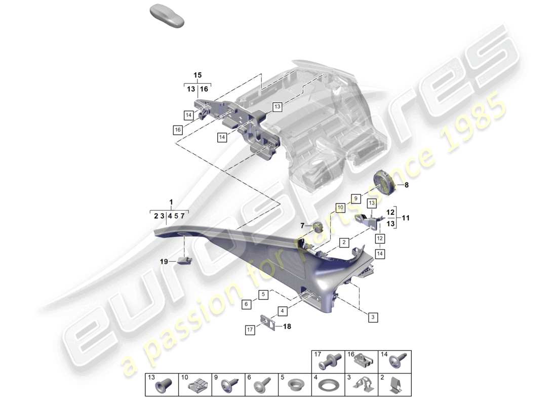 porsche 2025 (panamera 976) schema dei componenti del rivestimento del montante d del vano bagagli