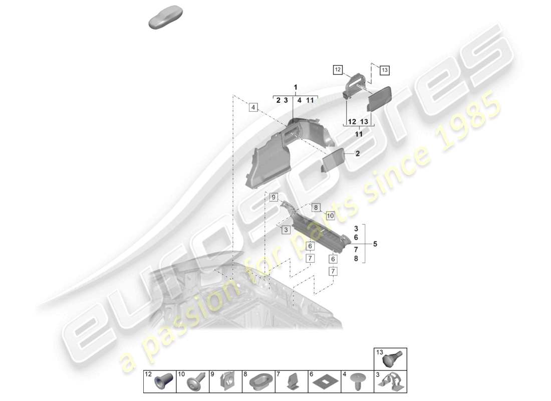 porsche 2021 (panamera 971-2) schema delle parti laterali del rivestimento del vano bagagli