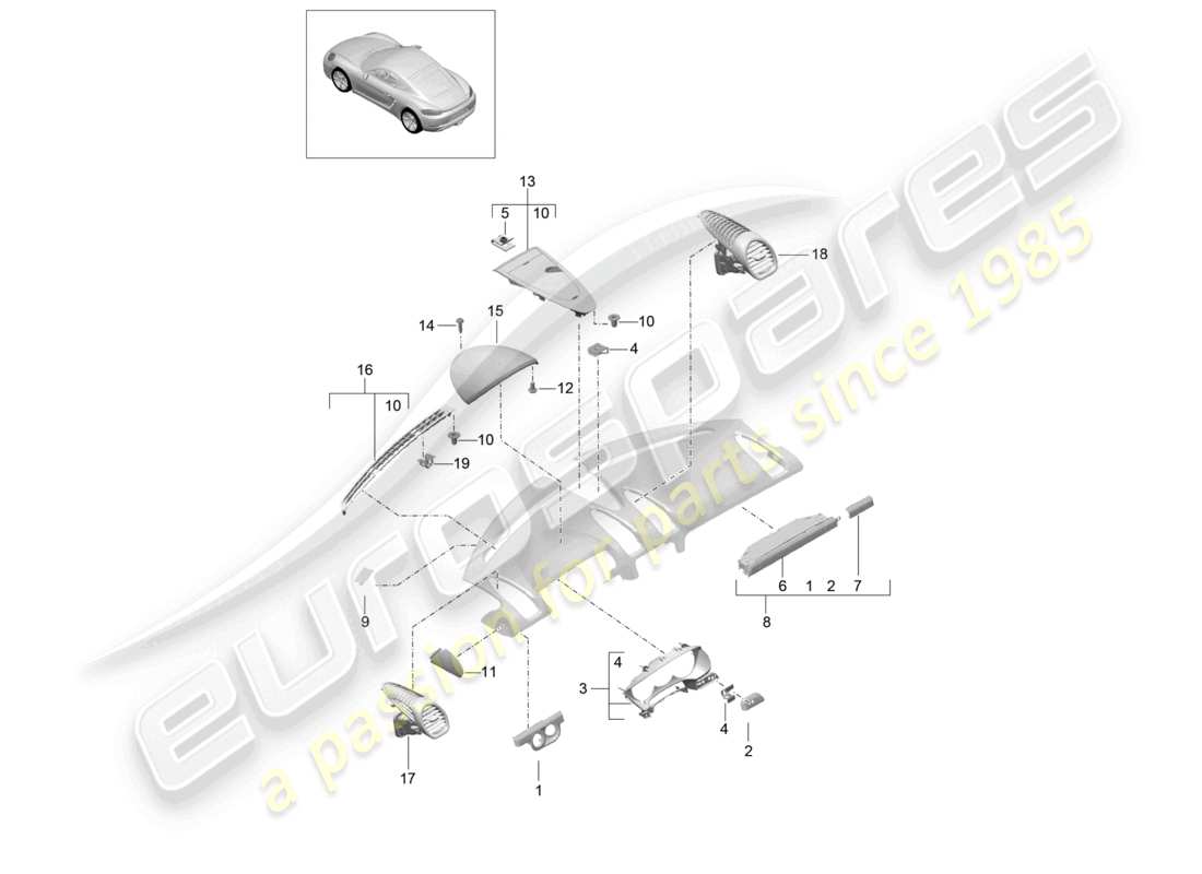 porsche 2023 (718 cayman) accessori rivestimento del pannello strumenti parte superiore schema delle parti