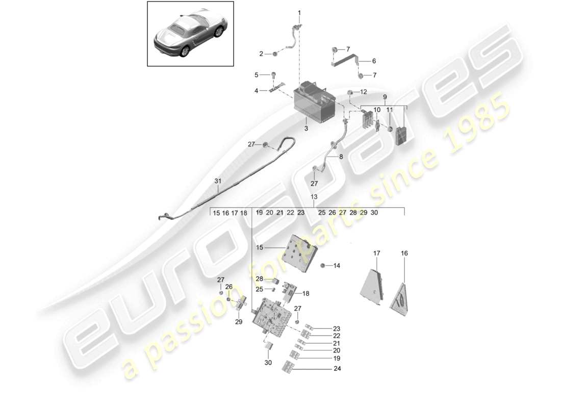 porsche 2023 (718 boxster) diagramma delle parti del distributore di potenziale della batteria