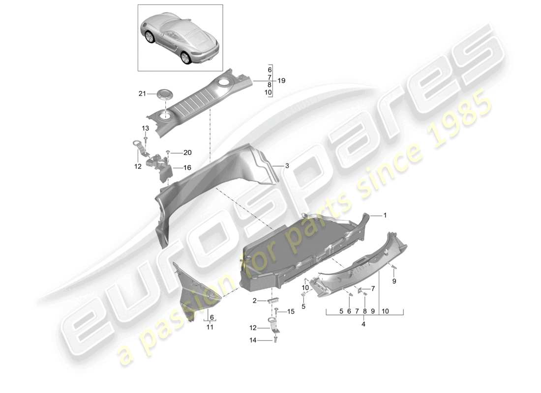 porsche 2021 (718 cayman) schema delle parti del rivestimento del vano bagagli posteriore
