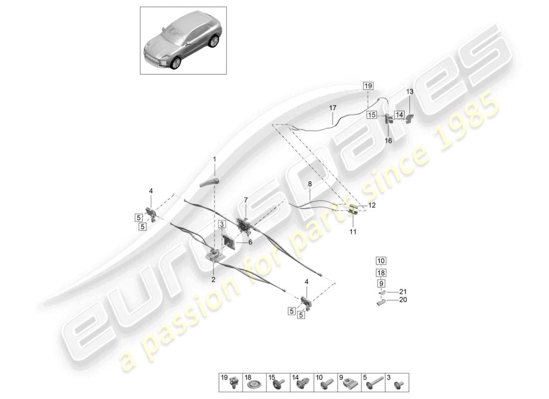 porsche 2021 (macan) schema delle parti della serratura anteriore del coperchio