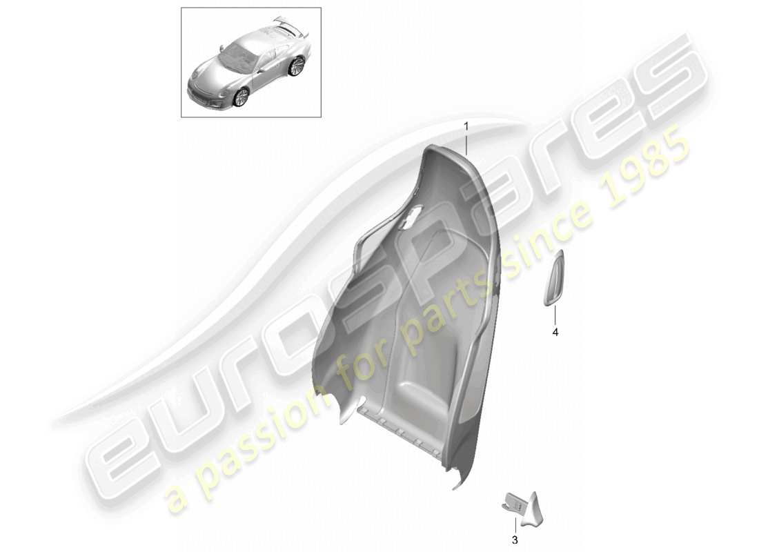 porsche 2021 (991-2 r/gt3/rs) schema delle parti degli accessori del sedile sportivo con guscio dello schienale