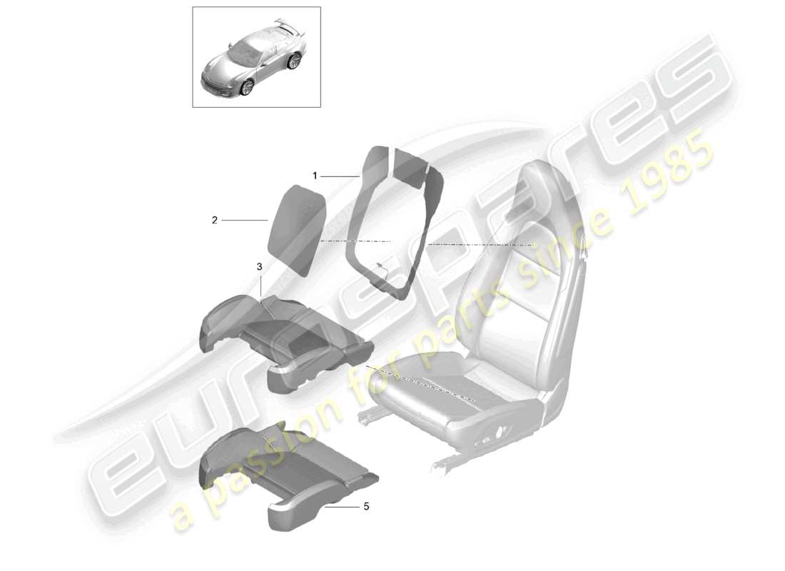 porsche 2021 (991-2 r/gt3/rs) elemento riscaldante dello schienale, elemento riscaldante del supporto dello schienale, elemento riscaldante del sedile e del lato del sedile, diagramma delle parti
