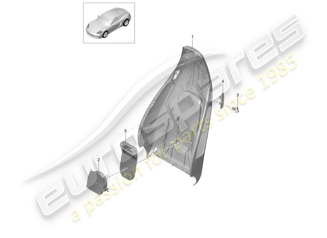 porsche 2021 (718 cayman) schema delle parti degli accessori del sedile sportivo con guscio dello schienale