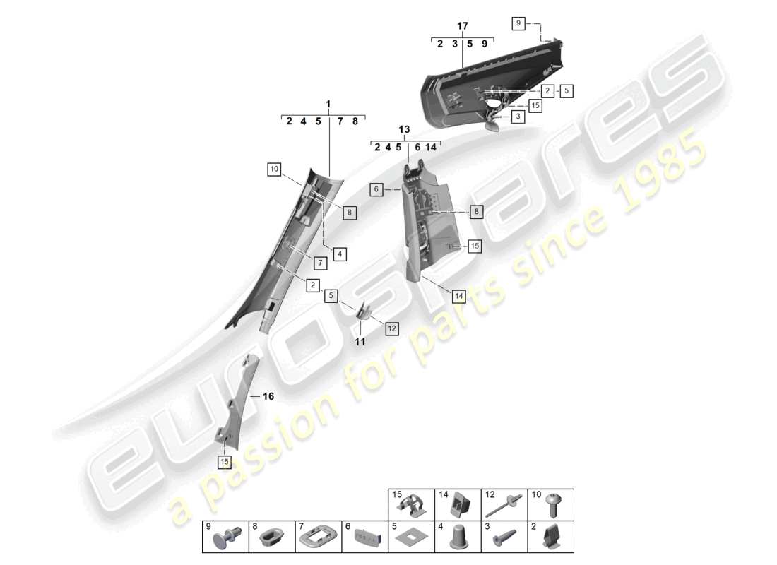 porsche 2025 (992-2 gt3) schema delle parti del rivestimento del montante a, del montante b e del montante c