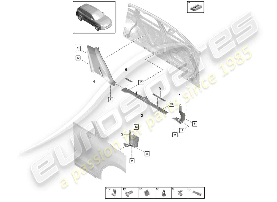 porsche 2024 (cayenne e3 9ya/9yb) schema della parte interna della modanatura inferiore della soglia