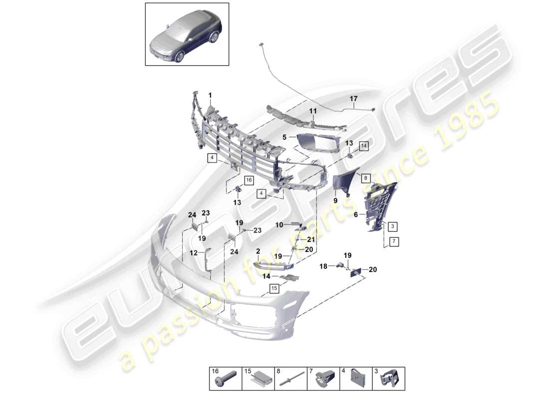 porsche 2024 (cayenne e3 9ya/9yb) paraurti anteriore coupe turbo gt parti singole e schema dei componenti di fissaggio