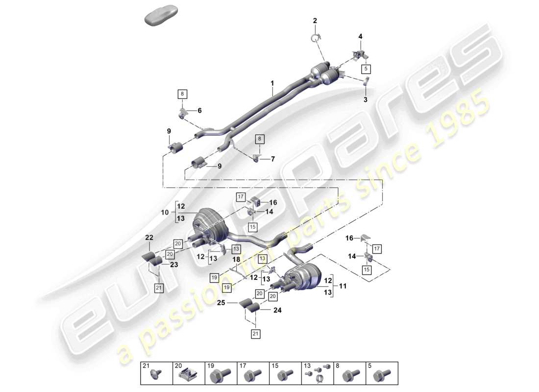 porsche 2025 (panamera 976) sistema di scarico versione sportiva silenziatore anteriore silenziatore posteriore terminale di scarico schema dei componenti