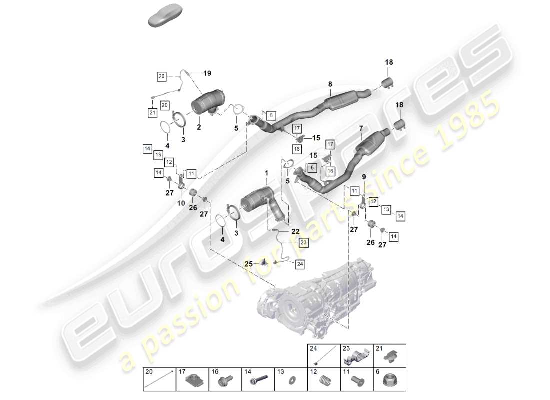 porsche 2025 (cayenne e3 pa) sistema di scarico tubo di scarico con catalizzatore tubo di scarico con silenziatore anteriore sonda lambda schema dei componenti