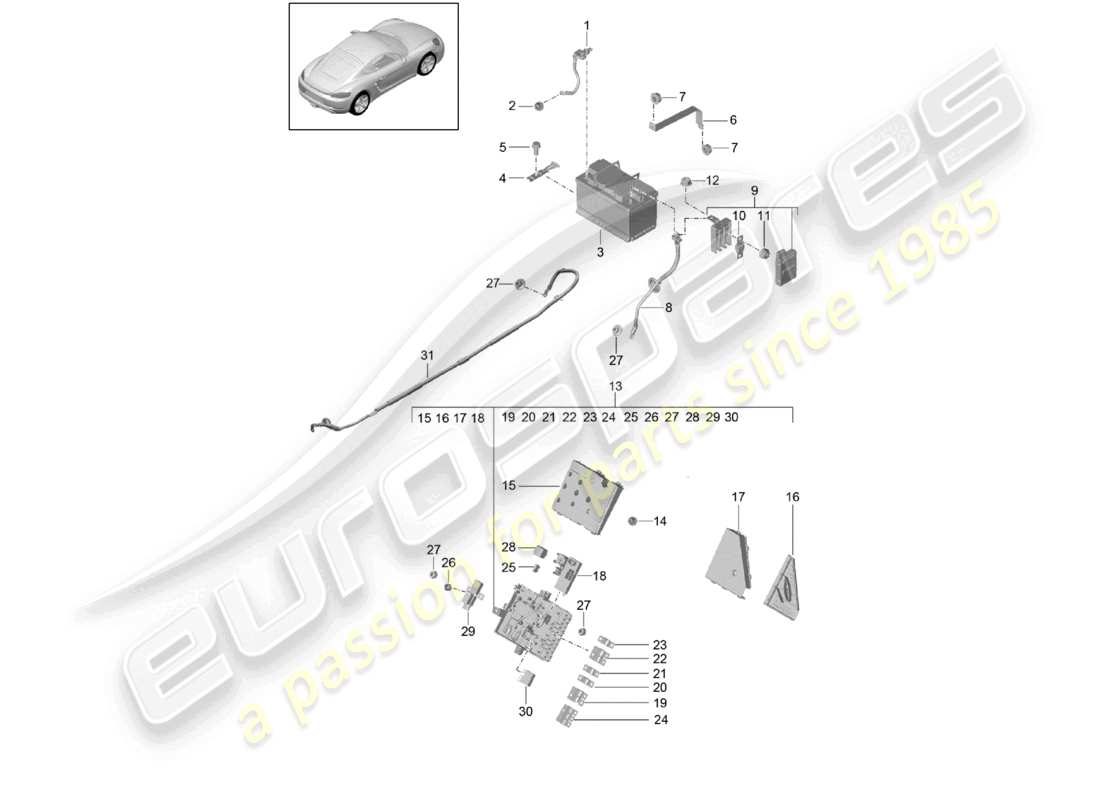 porsche 2022 (718 cayman) diagramma delle parti del distributore di potenziale della batteria